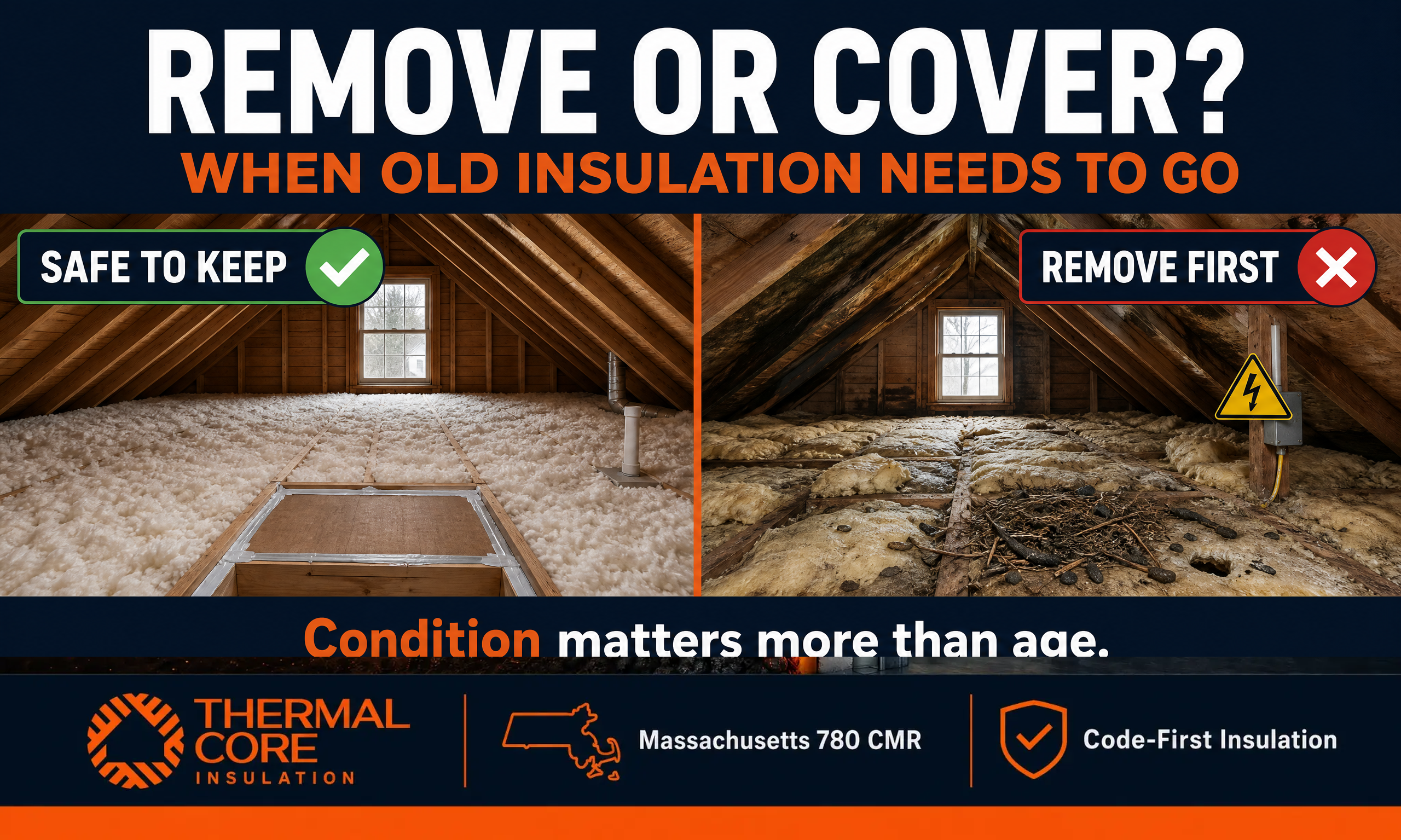 Massachusetts attic comparison showing when old insulation can stay and when wet, damaged, or contaminated insulation should be removed before adding new insulation.