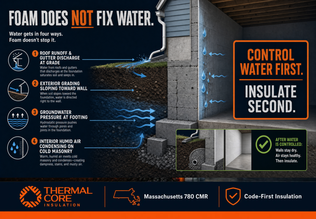 Basement moisture guide showing roof runoff, poor grading, groundwater pressure, and condensation that should be addressed before installing foam insulation.