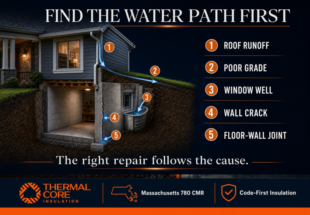 Exterior vs interior waterproofing Thermalcore diagram showing common causes of basement water intrusion in Massachusetts homes, including roof runoff, poor grading, window wells, foundation wall cracks, and floor-wall joint seepage.