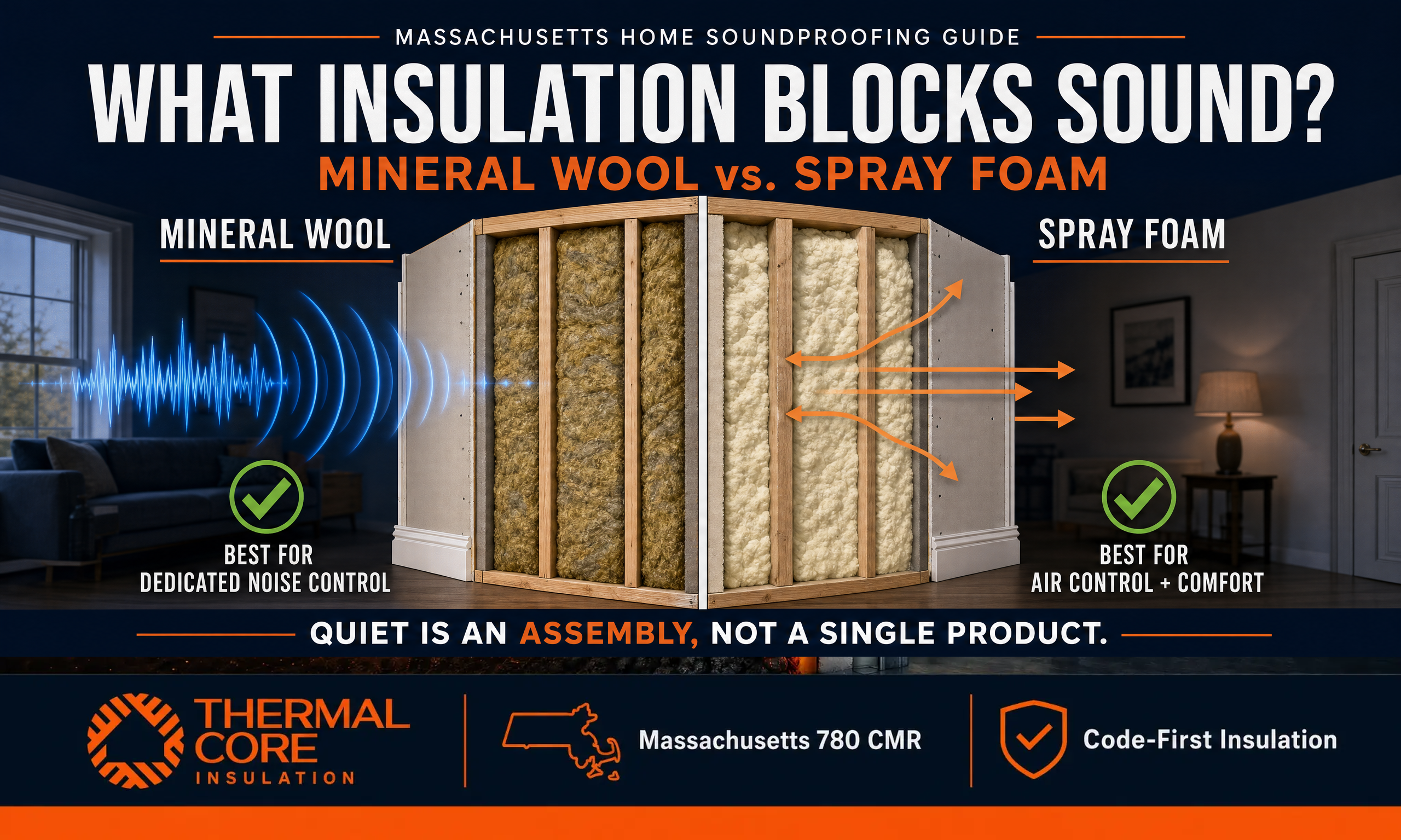 What insulation blocks sound? Thermalcore Massachusetts soundproofing guide comparing mineral wool and spray foam, with mineral wool for dedicated noise control and spray foam for air sealing and comfort.