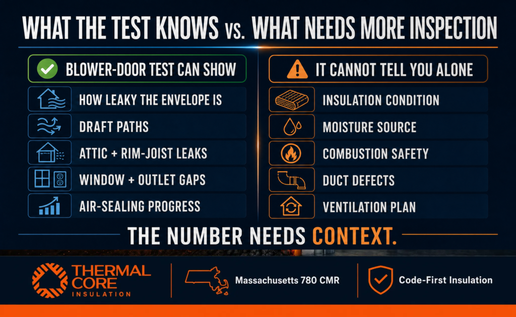 Thermalcore comparison of what a blower-door test can identify in a Massachusetts home, including air leakage and draft paths, versus conditions requiring further inspection such as moisture, insulation, ducts, and ventilation.