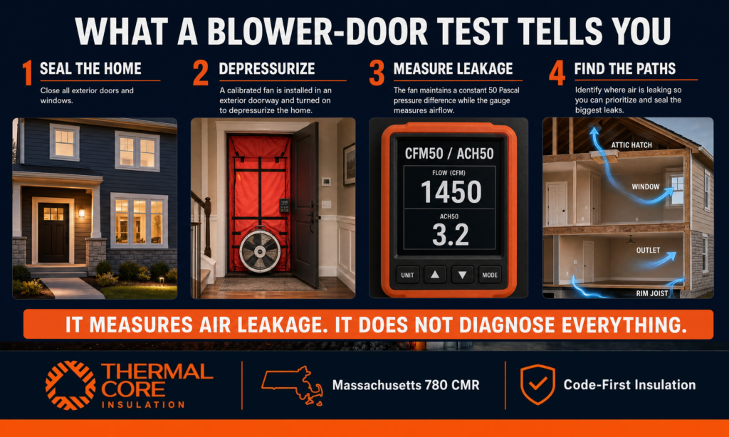 Thermalcore guide explaining how a blower-door test works in Massachusetts homes by depressurizing the house, measuring air leakage at 50 Pascals, and locating major air-leak paths.
