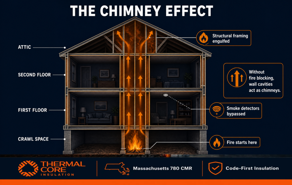 ThermalCore Insulation infographic illustrating the chimney effect in Massachusetts homes, showing how missing crawl space fire blocking allows smoke and flames to travel through wall cavities into upper floors, bypassing smoke detectors and increasing fire risk.