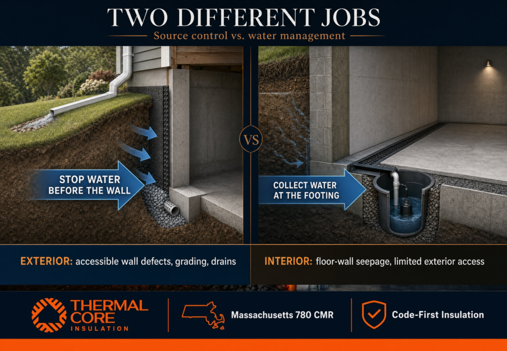 Exterior vs. Interior Waterproofing in Massachusetts, showing exterior drainage that stops water before the foundation wall and an interior drainage system that collects water at the footing.