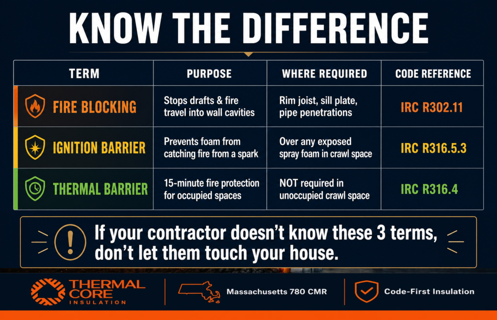 ThermalCore Insulation infographic showing the three most common reasons Massachusetts crawl space inspections fail: incorrect fire-blocking foam, missing ignition barrier over spray foam, and unsealed pipe and wire penetrations that allow smoke and fire to spread.