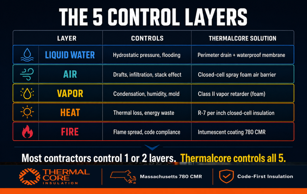 ThermalCore Insulation infographic illustrating the five control layers for basement performance: liquid water, air, vapor, heat, and fire. Explains integrated solutions including perimeter drainage, closed-cell spray foam, vapor control, thermal insulation, and intumescent fire protection for Massachusetts homes.