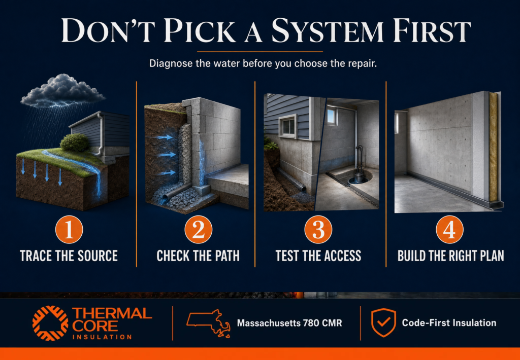 Thermalcore foundation waterproofing process for Massachusetts homes showing four steps: trace the water source, check its path, evaluate access, and select the appropriate basement water-control solution.