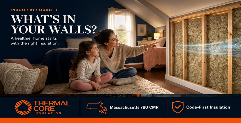 Thermalcore healthiest insulation and indoor air quality guide showing mineral wool insulation inside a Massachusetts home and how the right wall insulation supports a healthier indoor environment.