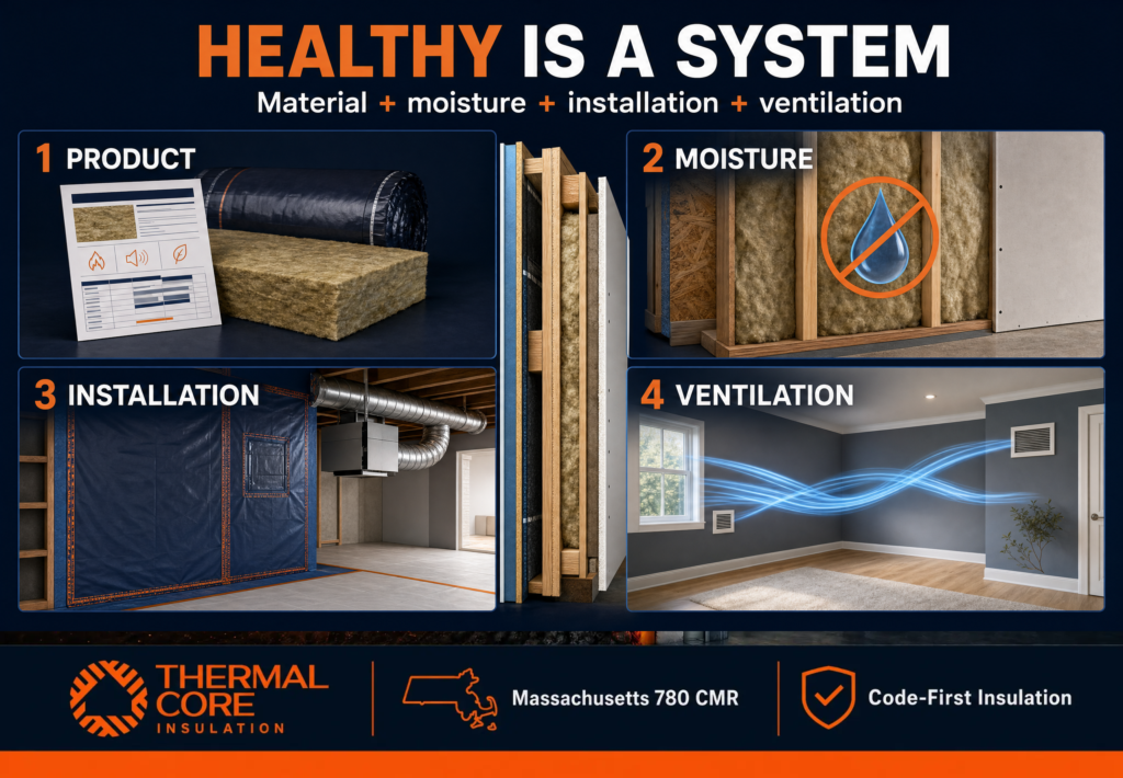 Thermalcore healthiest insulation home guide showing how insulation material, moisture control, proper installation, and ventilation work together to support indoor air quality in Massachusetts homes.