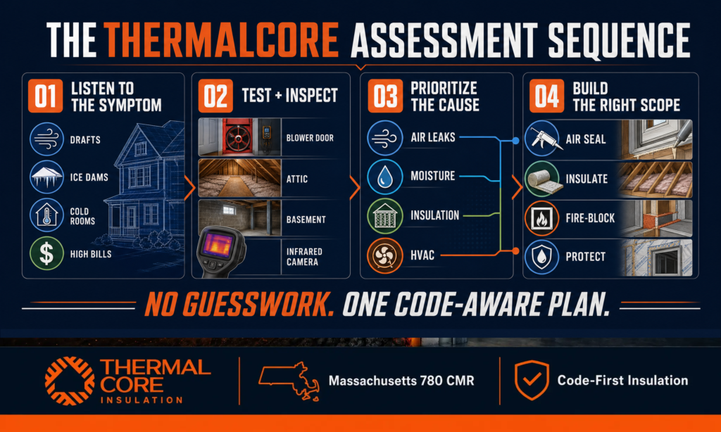 Thermalcore home energy audit process in Massachusetts, from identifying drafts, ice dams, cold rooms, and high bills to blower-door testing, inspection, air sealing, insulation, and moisture protection.