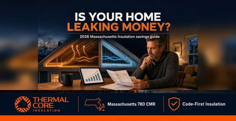 Thermalcore 2026 Massachusetts home insulation saves money guide showing a homeowner reviewing energy bills while attic heat loss illustrates potential heating and cooling savings.