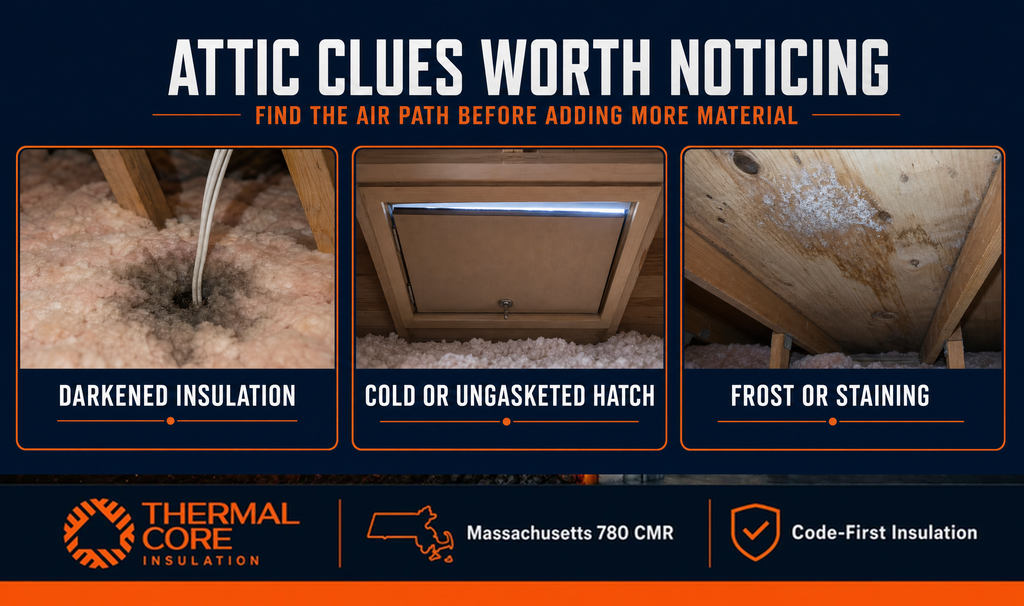 Attic air leak clues — darkened insulation, cold hatch, and frost staining before adding insulation, ThermalCore Insulation MA