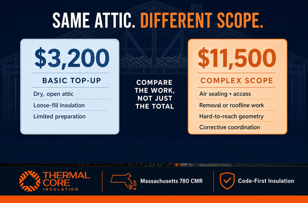 Same attic, different scope — basic top-up at $3,200 vs complex scope at $11,500 compared, ThermalCore Insulation Boston