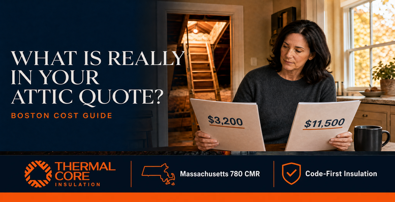 What is really in your attic insulation cost quote — Boston cost guide comparing $3,200 vs $11,500, ThermalCore Insulation Massachusetts