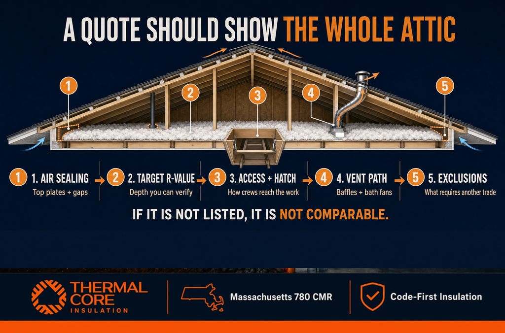 A comparable attic insulation cost quote shows air sealing, R-value, access, vent path, and exclusions, ThermalCore Insulation Massachusetts
