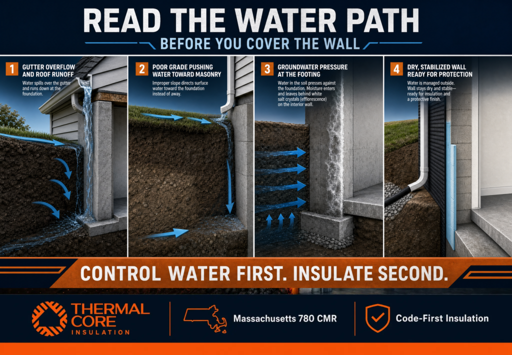 Basement water path diagram — gutter overflow, poor grading, and groundwater pressure causing efflorescence, ThermalCore Insulation MA
