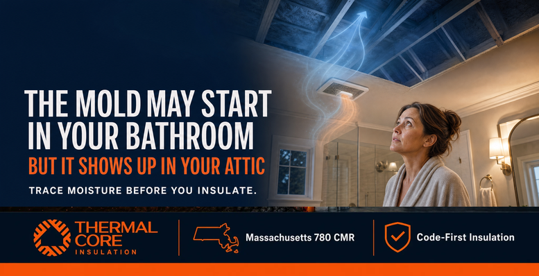 Mold may start in your bathroom but shows up in your attic — trace bath fans moisture before you insulate, ThermalCore Insulation MA