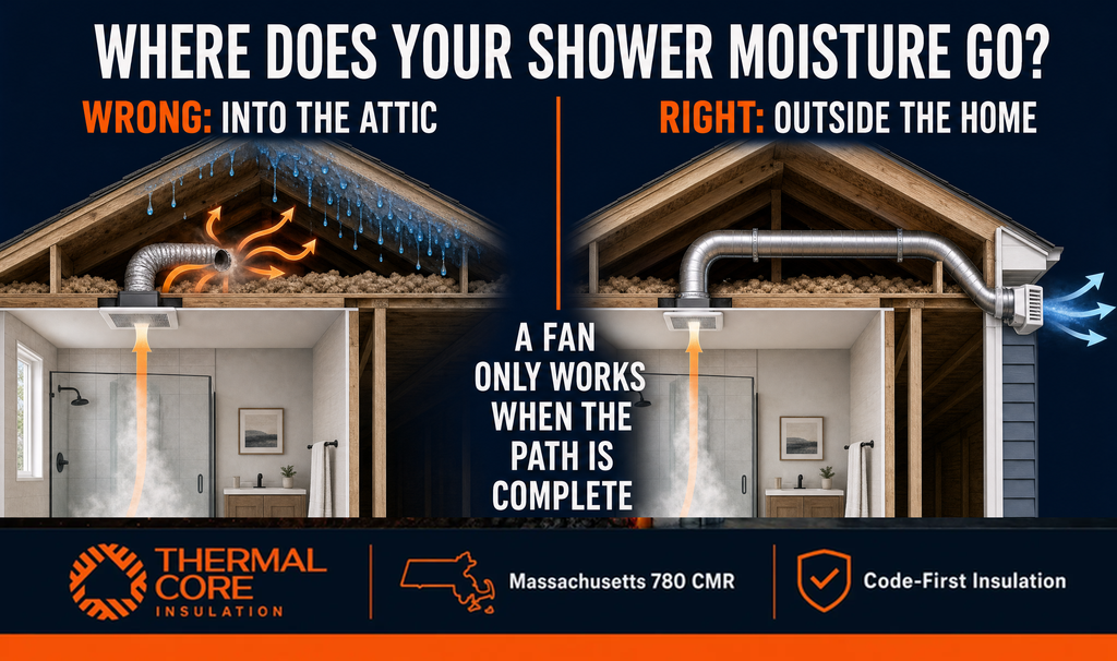 Where does shower moisture go — wrong venting into attic vs right venting outside home, ThermalCore Insulation Massachusetts