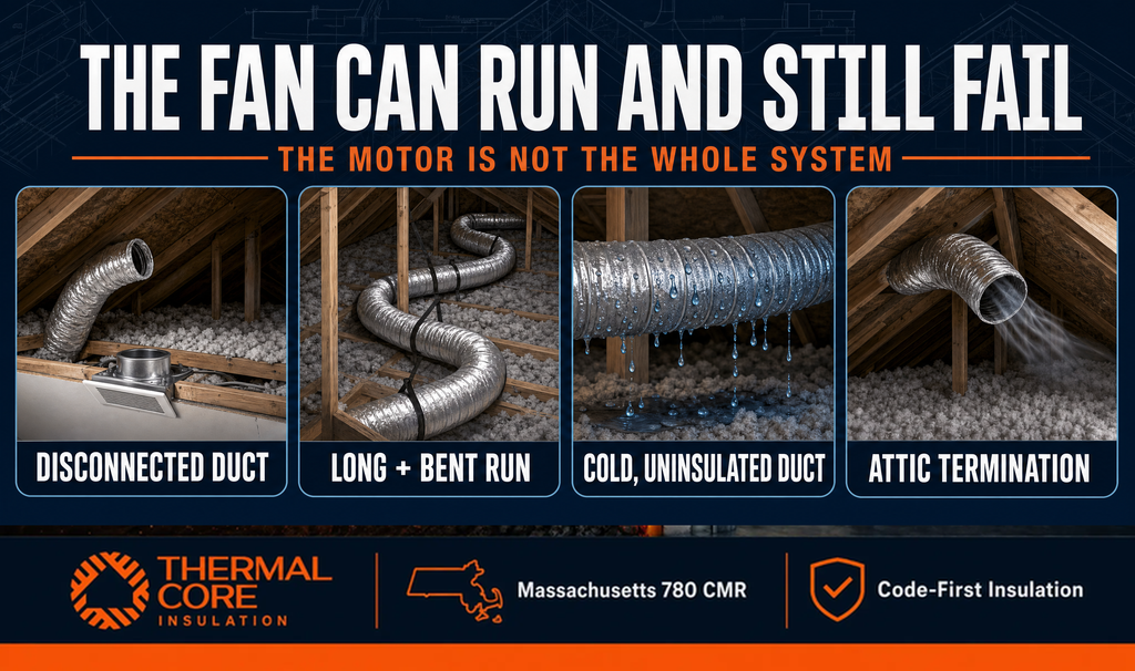Bath fans venting failures — disconnected duct, long bent run, cold uninsulated duct, attic termination, ThermalCore Insulation Massachusetts