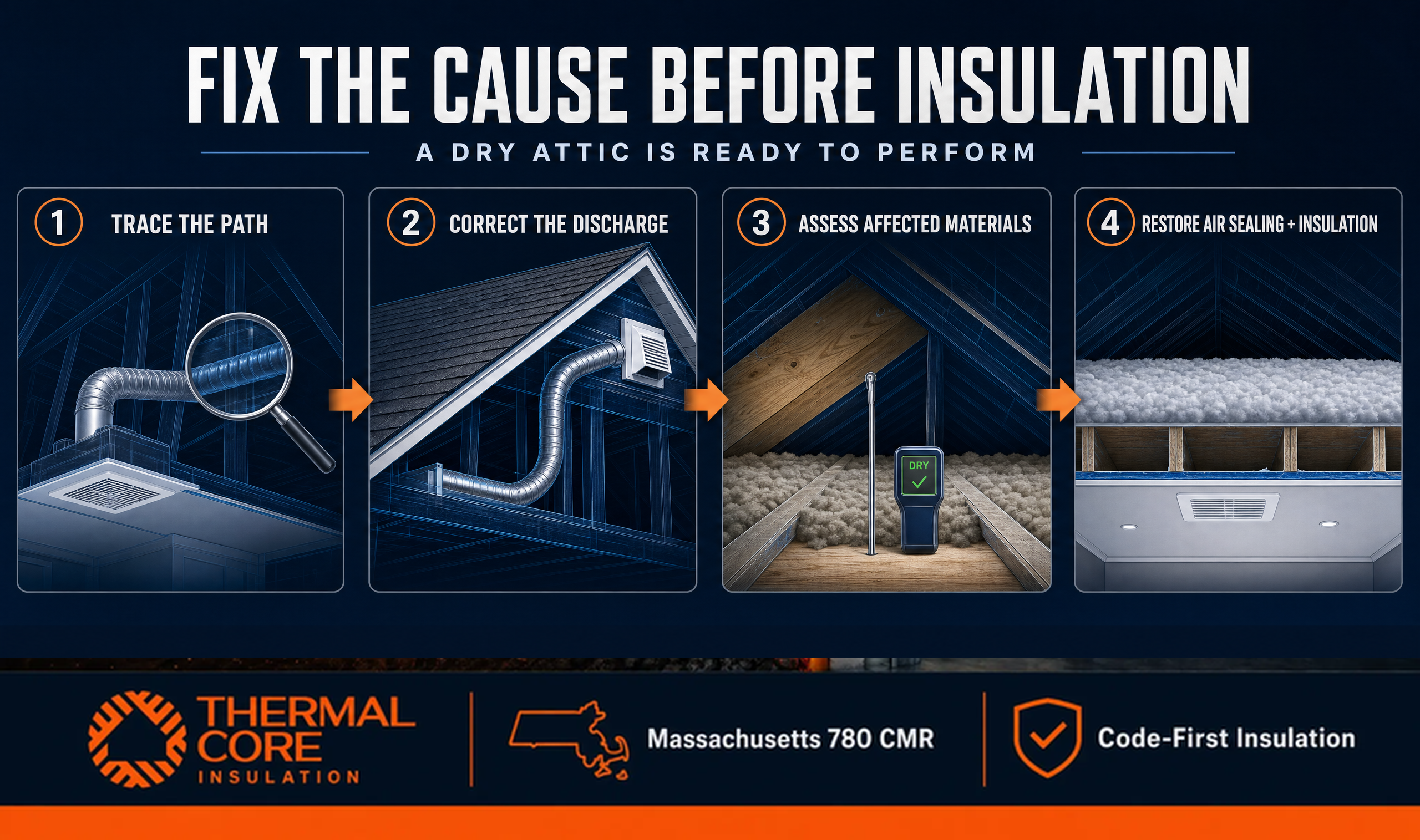 Fix bath fans moisture before insulation — trace path, correct discharge, assess materials, restore air sealing, ThermalCore Insulatio