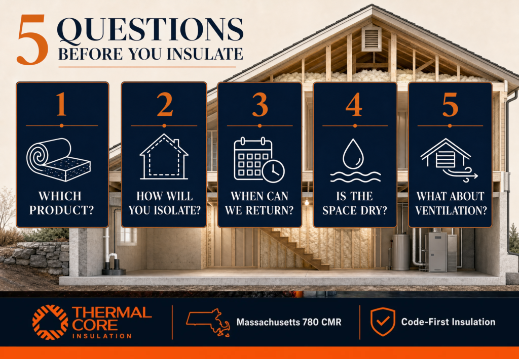 Thermalcore guide to five questions homeowners should ask before insulation installation in Massachusetts, covering insulation product, installation method, re-entry time, moisture conditions, and ventilation.