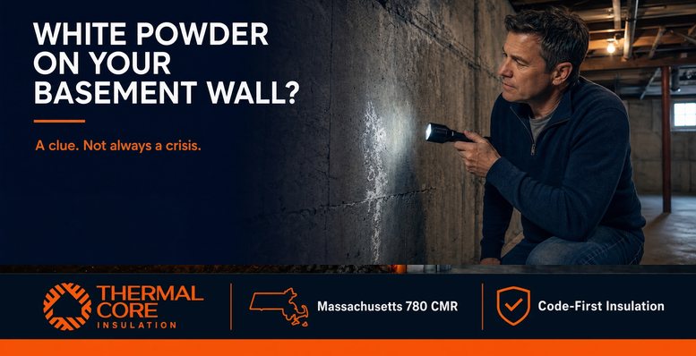 White powder on basement wall efflorescence — ThermalCore Insulation Massachusetts 780 CMR code-first basement inspection