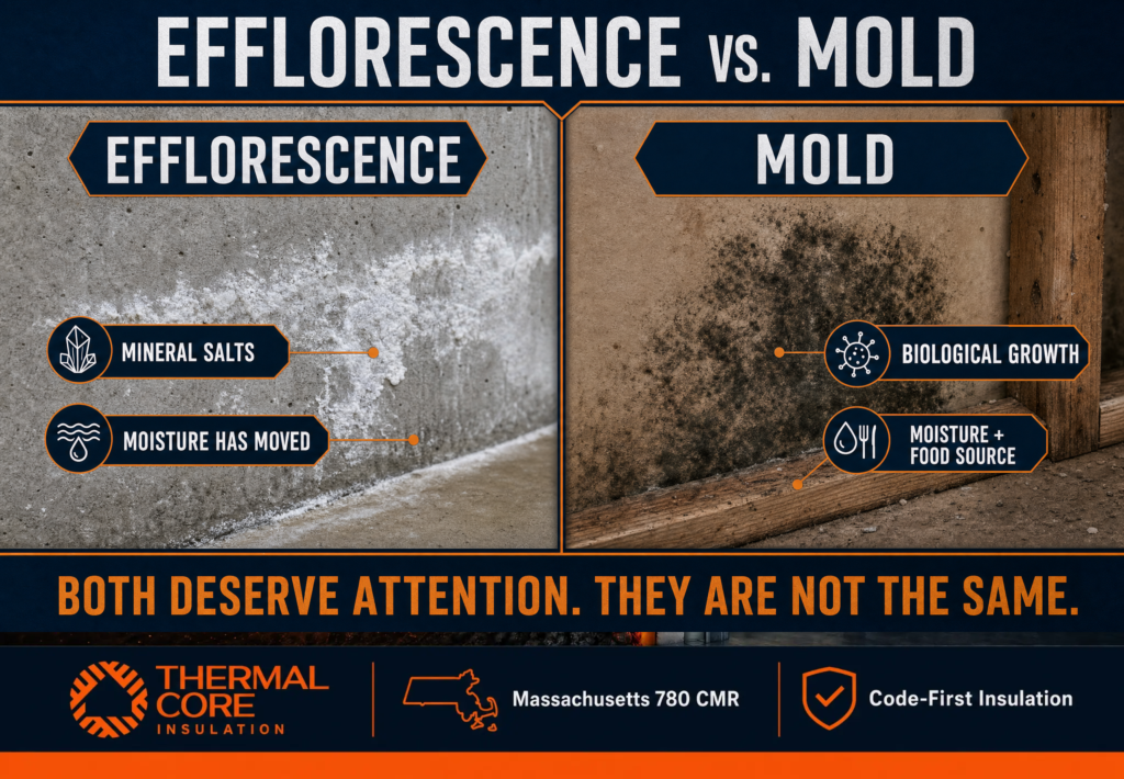 Efflorescence vs mold on basement walls compared — mineral salts vs biological growth, ThermalCore Insulation Massachusetts