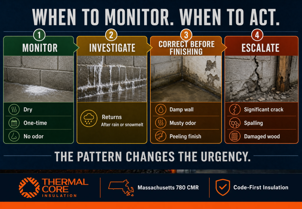 When to monitor vs act on basement efflorescence — monitor, investigate, correct, and escalate stages, ThermalCore Insulation