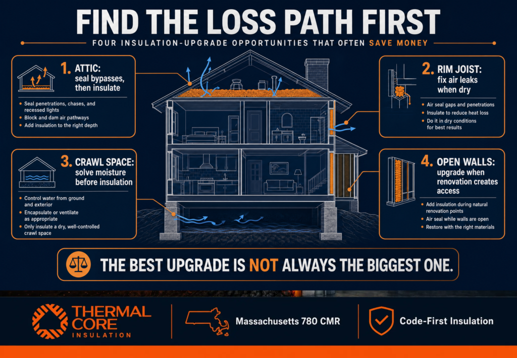 Thermalcore guide to insulation upgrade save money energy-saving opportunities in Massachusetts homes, including attic air sealing, rim joists, crawl spaces, and open-wall insulation upgrades.