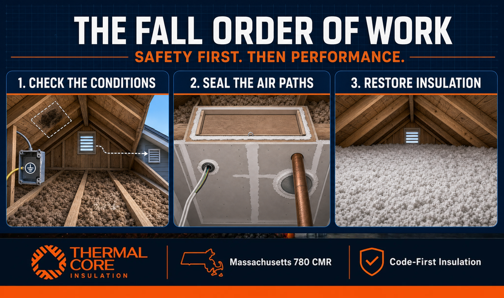 The fall insulation & air-sealing checklist order of work — check conditions, seal air paths, restore insulation, ThermalCore Insulation Massachusetts