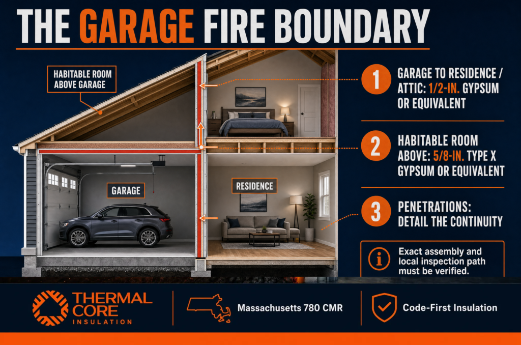 Garage insulation spray foam inspection-ready sequence — map boundary, define problem, select and protect, document, ThermalCore Insulation
