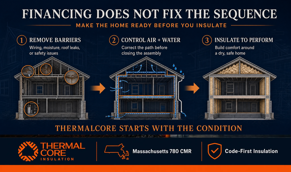 Financing does not fix the sequence — remove barriers, control air and water, then insulate, ThermalCore Insulation Massachusetts