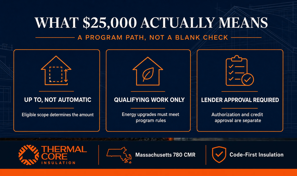 What the Mass Save HEAT loan $25,000 actually means — up to not automatic, qualifying work only, lender approval required, ThermalCore Insulation