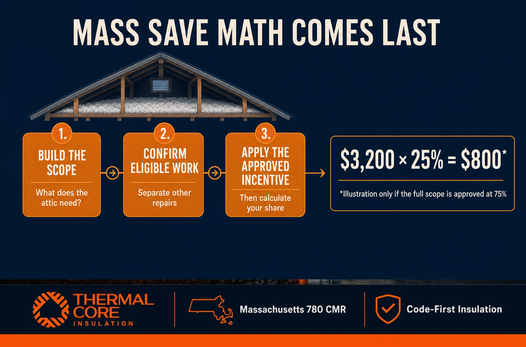 Mass Save attic insulation incentive math — build scope, confirm eligible work, apply approved incentive, ThermalCore Insulation Boston