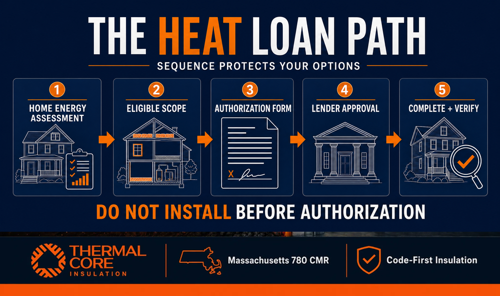 The Mass Save HEAT loan path — home energy assessment, eligible scope, authorization, lender approval, ThermalCore Insulation