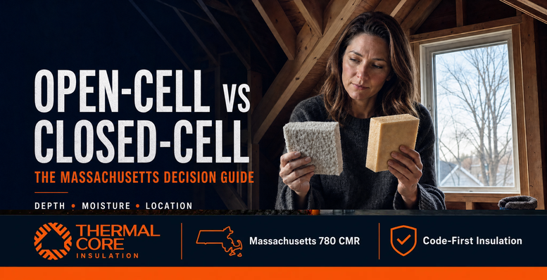 Open-cell vs closed-cell spray foam — Massachusetts decision guide comparing depth, moisture, and location, ThermalCore Insulation