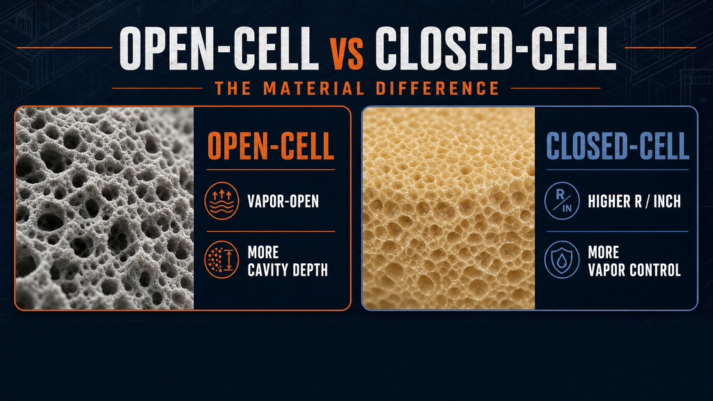 Open-cell vs closed-cell spray foam material difference — vapor permeability and R-value per inch compared, ThermalCore Insulation