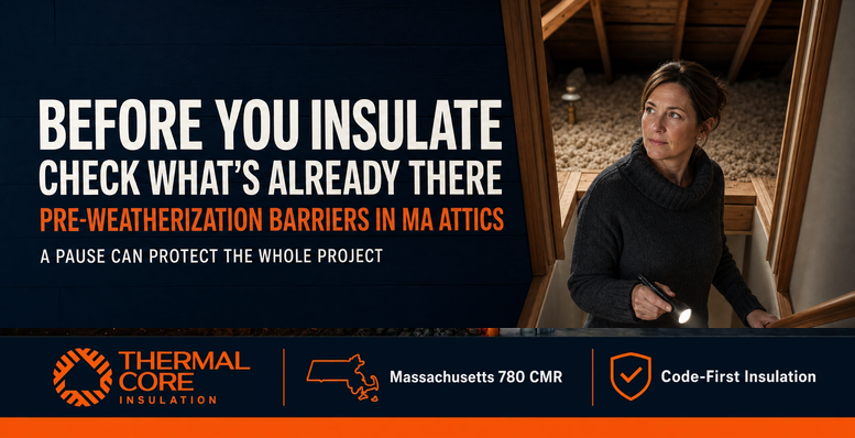 Before you insulate, check what's already there — pre-weatherization barriers in Massachusetts attics, ThermalCore Insulation 780 CMR