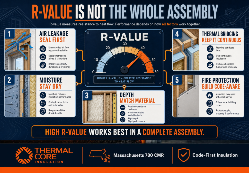 Thermalcore insulation R-value guide explaining how air sealing, moisture control, insulation depth, thermal bridging, and fire protection affect whole-assembly performance.