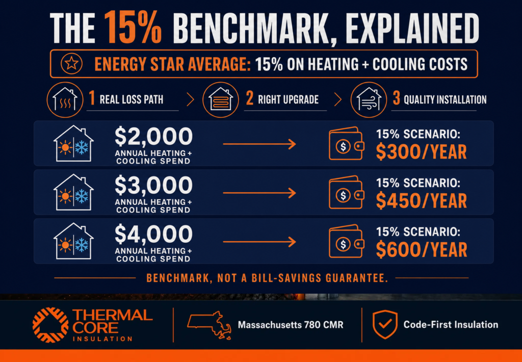 Thermalcore insulation upgrades saves money example explaining the ENERGY STAR 15 percent heating and cooling cost benchmark with annual savings scenarios for homeowners.