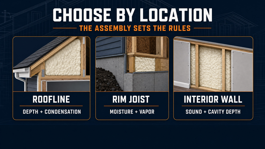 Choosing spray foam by location — roofline, rim joist, and interior wall insulation requirements, ThermalCore Insulation