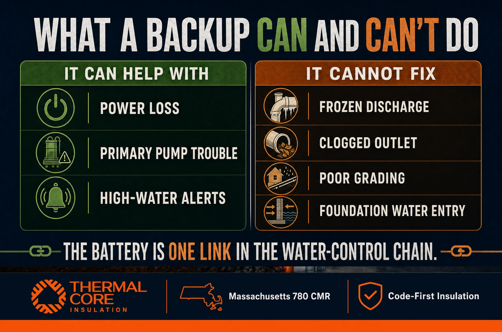 What Battery-Backup Sump Pumps can and cannot fix — power loss vs frozen discharge and foundation water entry, ThermalCore Insulation