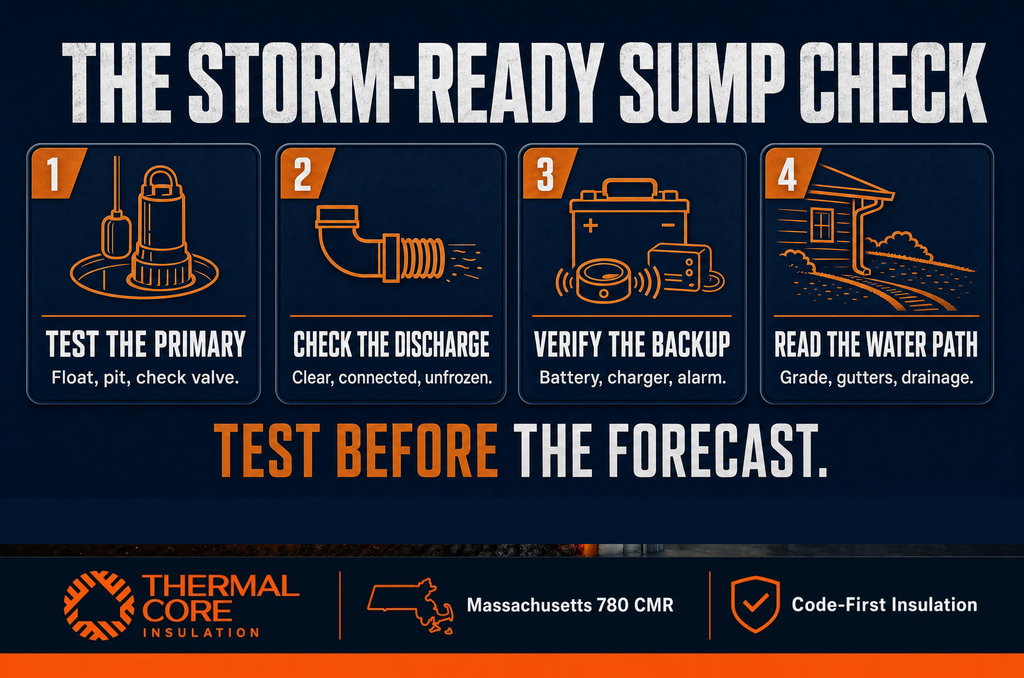 Storm-ready sump pump checklist — test primary, check discharge, verify backup, read water path, ThermalCore Insulation MA