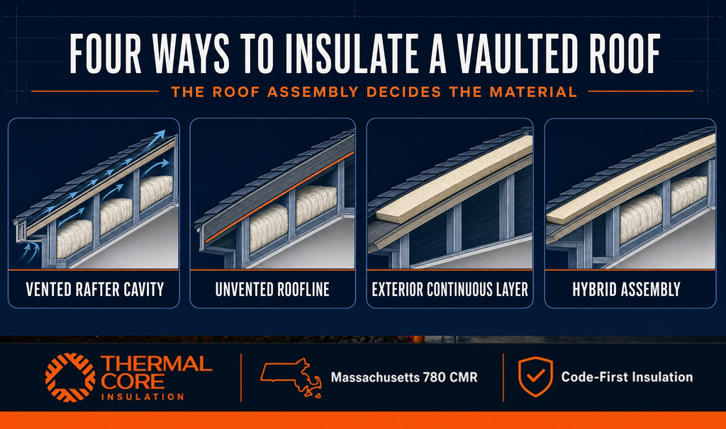 Four ways to insulate a vaulted roof — vented cavity, unvented roofline, exterior layer, and hybrid assembly, ThermalCore Insulation MA