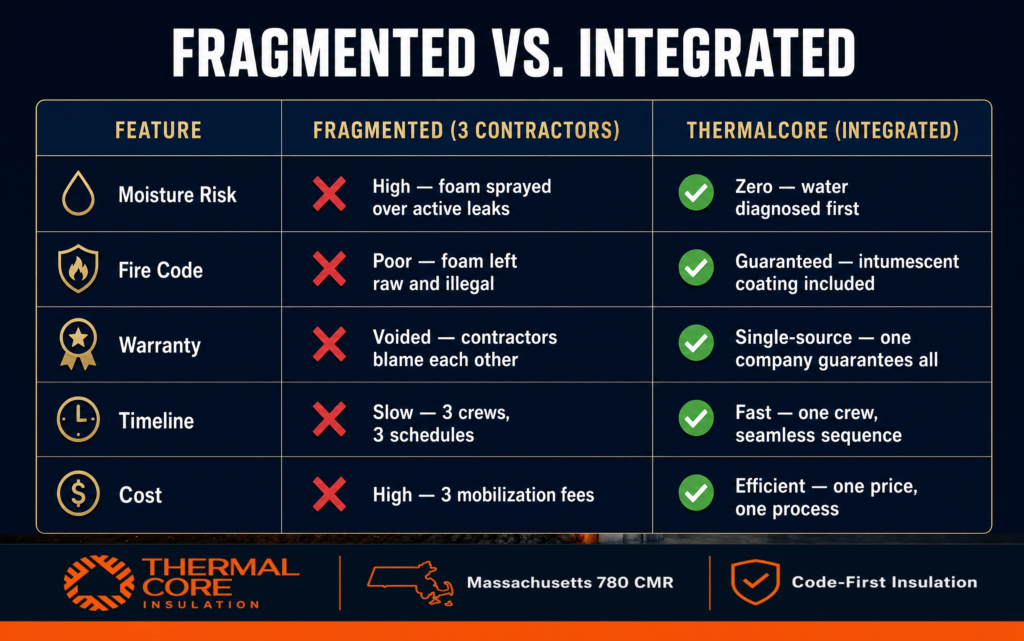 ThermalCore Insulation comparison chart showing integrated versus fragmented basement waterproofing, insulation, and fire protection contractors. Explains advantages including moisture control, code compliance, warranty protection, faster installation, and lower overall project costs.