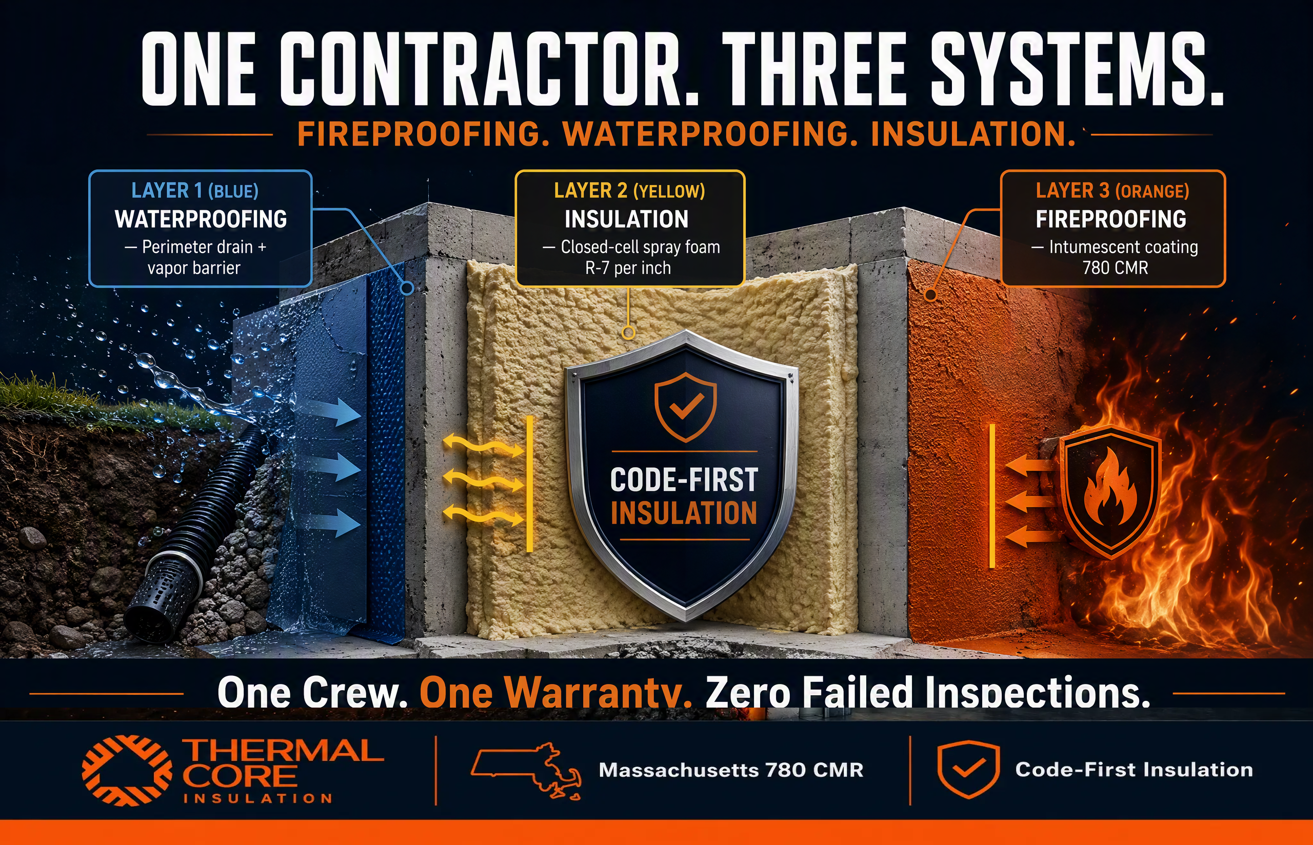 ThermalCore Insulation infographic explaining the benefits of an integrated waterproofing, insulation, and fireproofing system for Massachusetts homes. Shows how one contractor provides waterproofing, closed-cell spray foam insulation, and 780 CMR fire protection with one warranty and code-first installation.