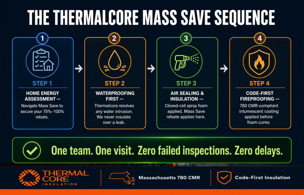 ThermalCore four-step Mass Save process showing home energy assessment, basement waterproofing, closed-cell spray foam insulation, and 780 CMR code-compliant fireproofing. Explains the proper installation sequence for maximizing rebates and passing inspections.