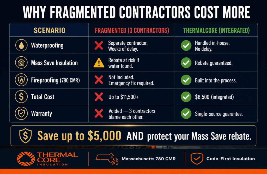ThermalCore comparison chart showing why integrated waterproofing, insulation, and fireproofing costs less than hiring multiple contractors. Highlights Mass Save rebate protection, 780 CMR fire code compliance, lower total project cost, faster completion, and single-source warranty.