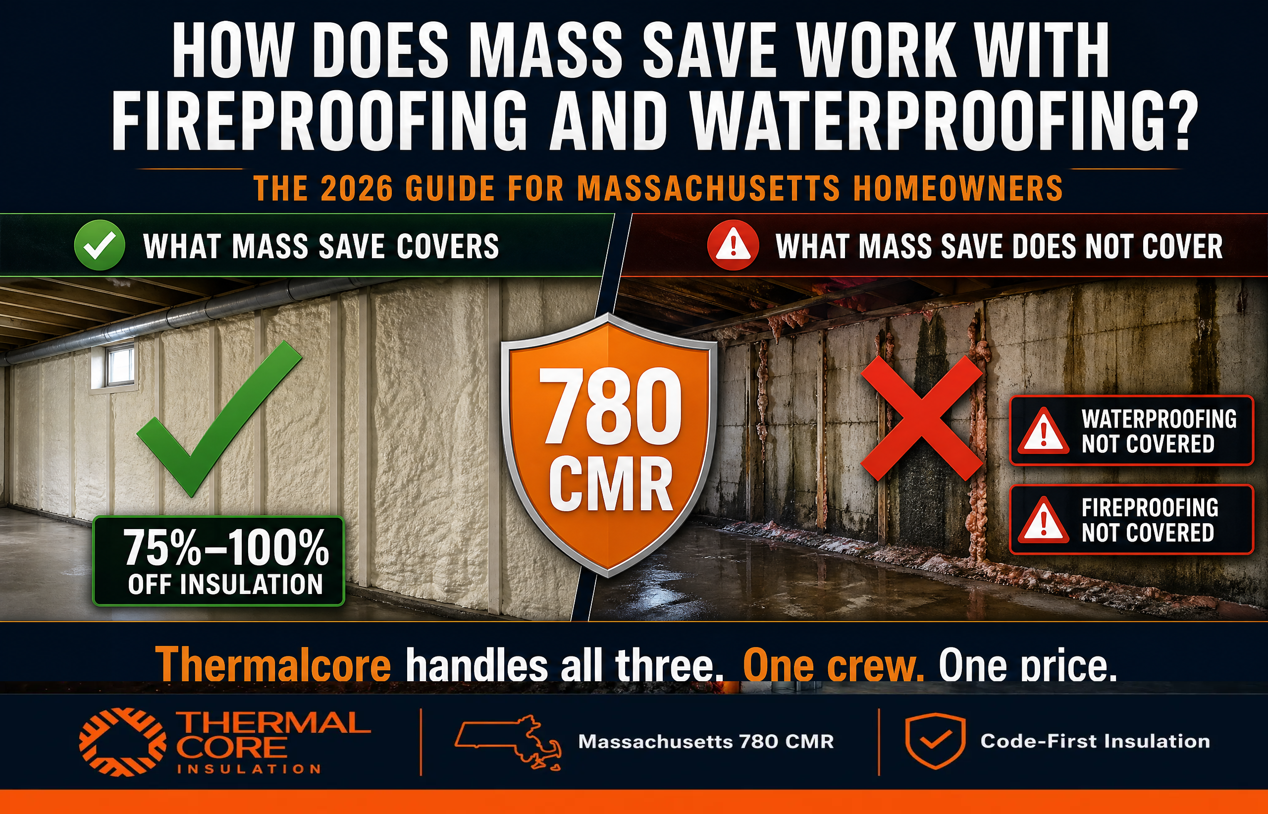 ThermalCore Insulation guide explaining how the Massachusetts Mass Save program works with insulation, waterproofing, and fireproofing. Compares what rebates cover versus what homeowners must pay separately while highlighting 780 CMR code compliance and integrated basement solutions.