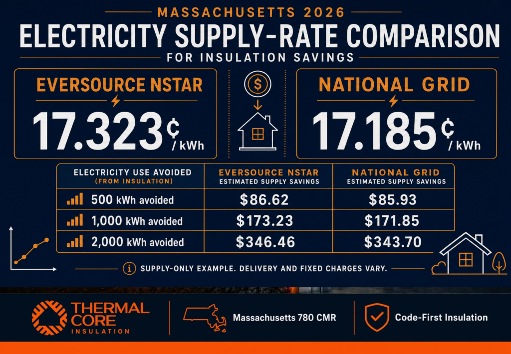 Thermalcore 2026 Massachusetts electricity rate comparison showing estimated insulation energy savings using Eversource NSTAR and National Grid supply rates.